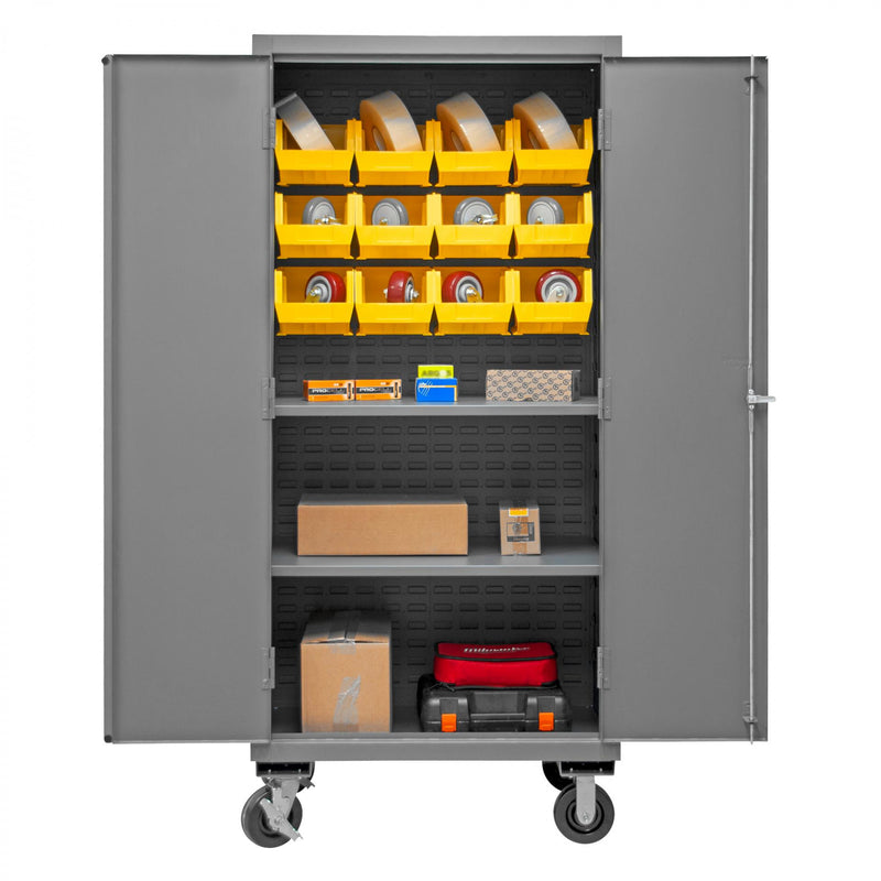 Durham Mobile Cabinet, 14 Gauge, 36 x 24 x 81, 2 Adjustable Shelves, 12 Yellow Bins, Flush Doors