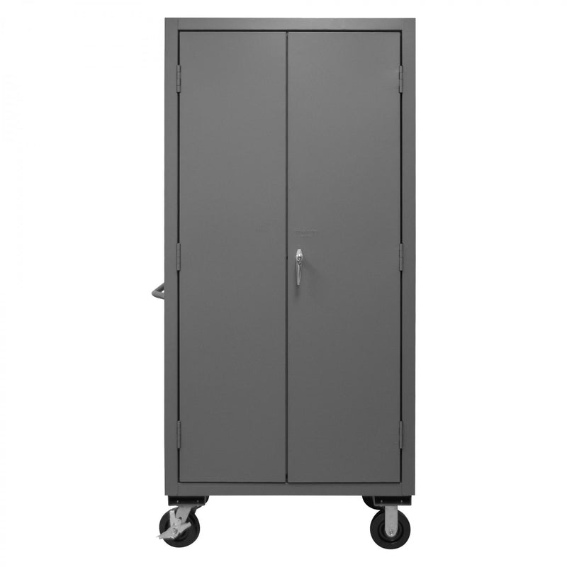 Durham Mobile Cabinet, 14 Gauge, 36 x 24 x 81, 30 Red Bins, Flush Doors