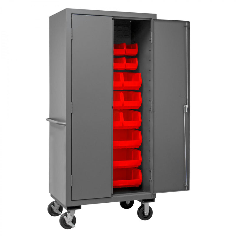 Durham Mobile Cabinet, 14 Gauge, 36 x 24 x 81, 30 Red Bins, Flush Doors
