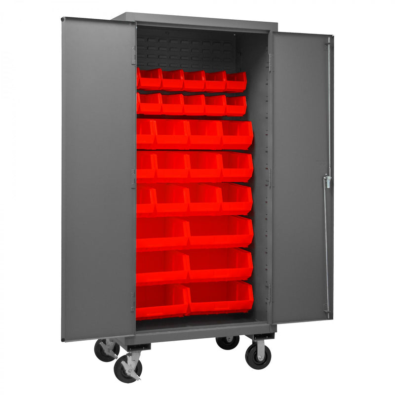 Durham Mobile Cabinet, 14 Gauge, 36 x 24 x 81, 30 Red Bins, Flush Doors