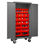 Durham Mobile Cabinet, 14 Gauge, 36 x 24 x 81, 30 Red Bins, Flush Doors