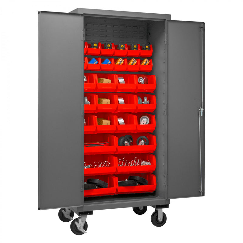 Durham Mobile Cabinet, 14 Gauge, 36 x 24 x 81, 30 Red Bins, Flush Doors