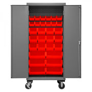 Durham Mobile Cabinet, 14 Gauge, 36 x 24 x 81, 30 Red Bins, Flush Doors