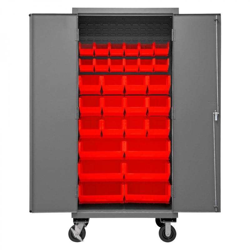 Durham Mobile Cabinet, 14 Gauge, 36 x 24 x 81, 30 Red Bins, Flush Doors