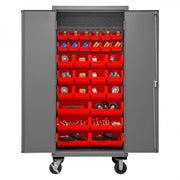 Durham Mobile Cabinet, 14 Gauge, 36 x 24 x 81, 30 Red Bins, Flush Doors