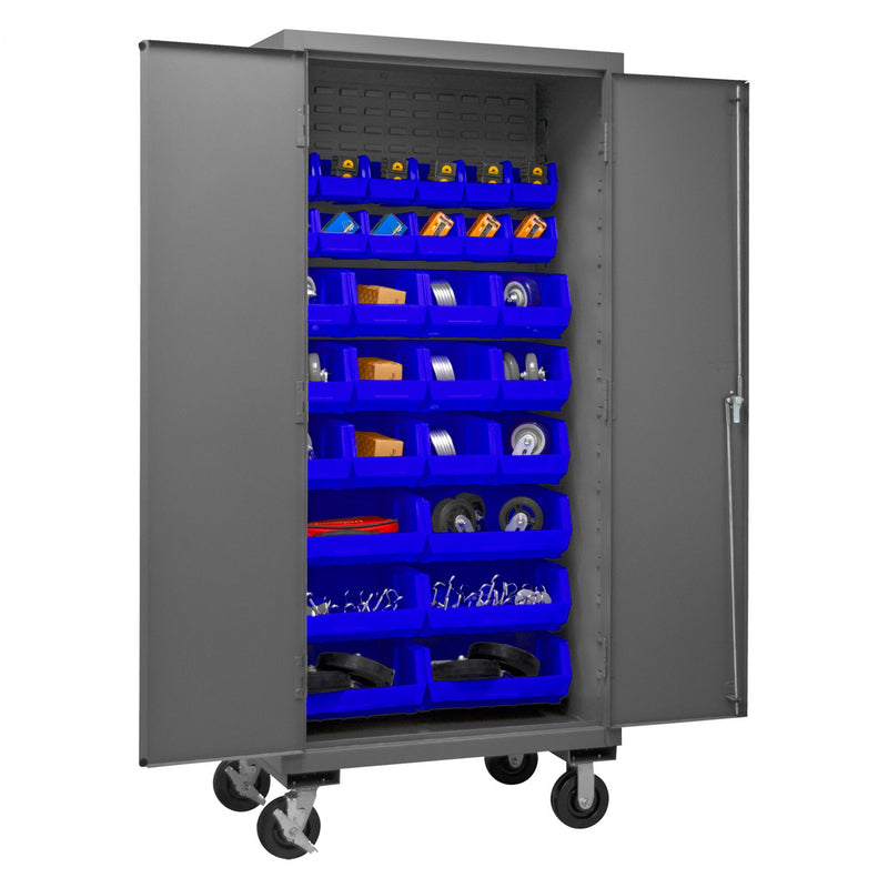 Durham Mobile Cabinet, 14 Gauge, 36 x 24 x 81, 30 Yellow Bins, Flush Doors