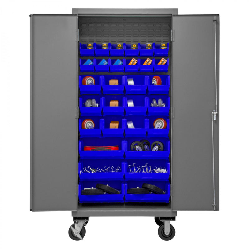 Durham Mobile Cabinet, 14 Gauge, 36 x 24 x 81, 30 Yellow Bins, Flush Doors