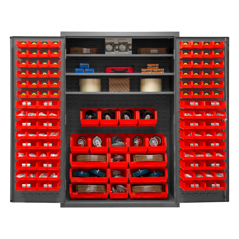 Durham Heavy Duty Cabinet, 14 Gauge, 48 x 24 x 72, 3 Adjustable Shelves, 138 Red Bins