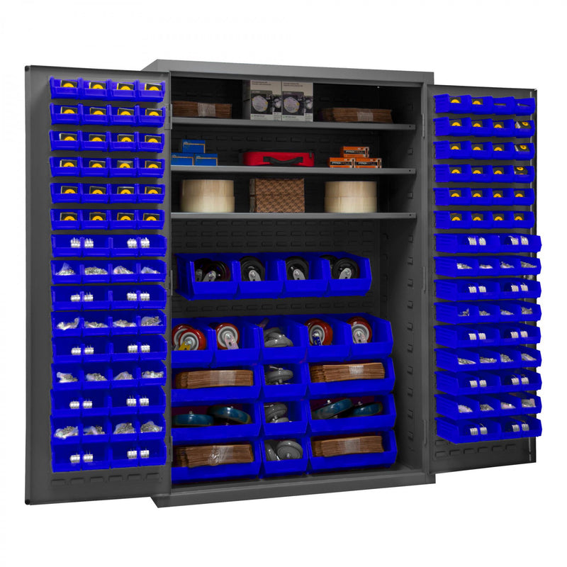Durham Heavy Duty Cabinet, 14 Gauge, 48 x 24 x 72, 3 Adjustable Shelves, 138 Blue Bins