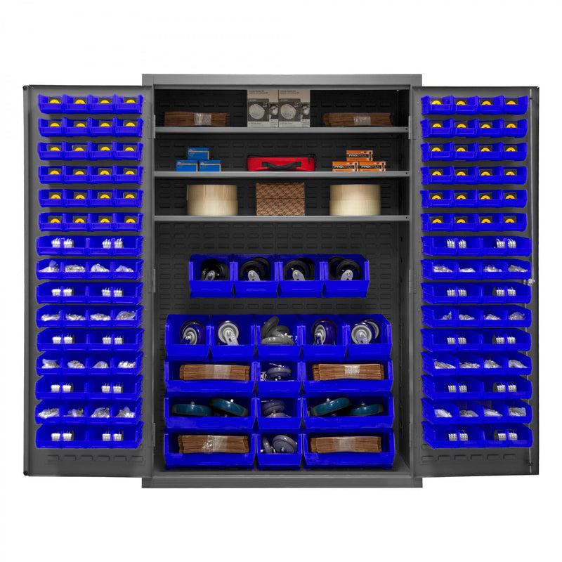 Durham Heavy Duty Cabinet, 14 Gauge, 48 x 24 x 72, 3 Adjustable Shelves, 138 Blue Bins