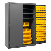 Durham Heavy Duty Cabinet, 14 Gauge, 48 x 24 x 72, 3 Adjustable Shelves, 138 Yellow Bins