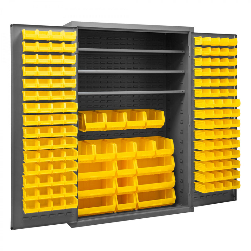 Durham Heavy Duty Cabinet, 14 Gauge, 48 x 24 x 72, 3 Adjustable Shelves, 138 Yellow Bins