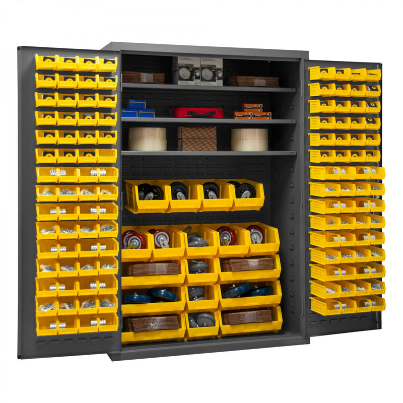 Durham Heavy Duty Cabinet, 14 Gauge, 48 x 24 x 72, 3 Adjustable Shelves, 138 Yellow Bins
