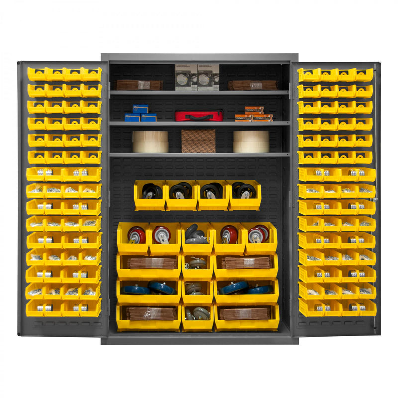 Durham Heavy Duty Cabinet, 14 Gauge, 48 x 24 x 72, 3 Adjustable Shelves, 138 Yellow Bins