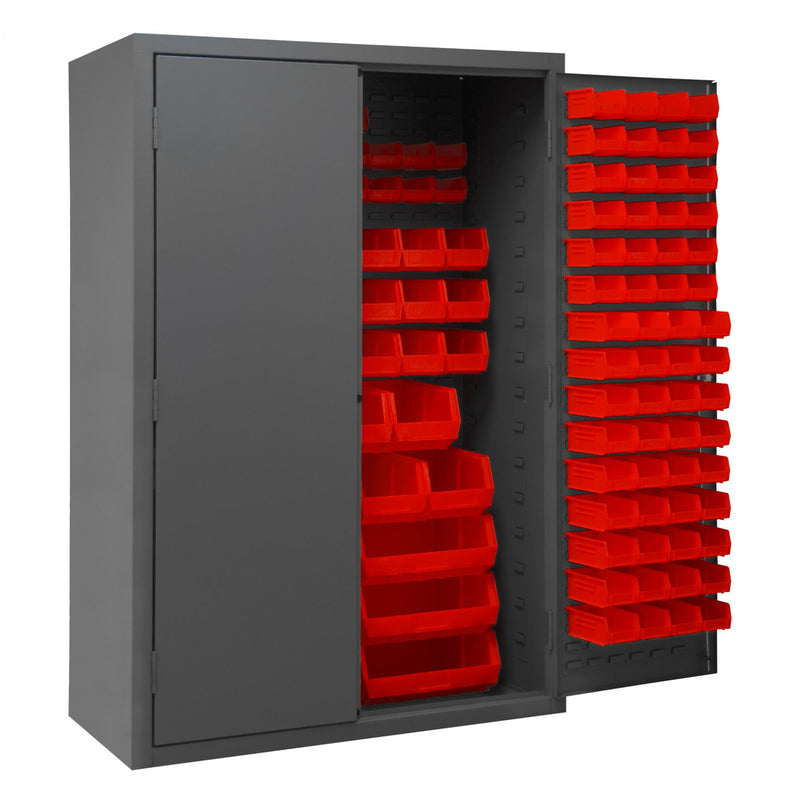 Durham Heavy Duty Cabinet, 14 Gauge, 48 x 24 x 72, 186 Red Bins, Flush Doors with Louvered Panel