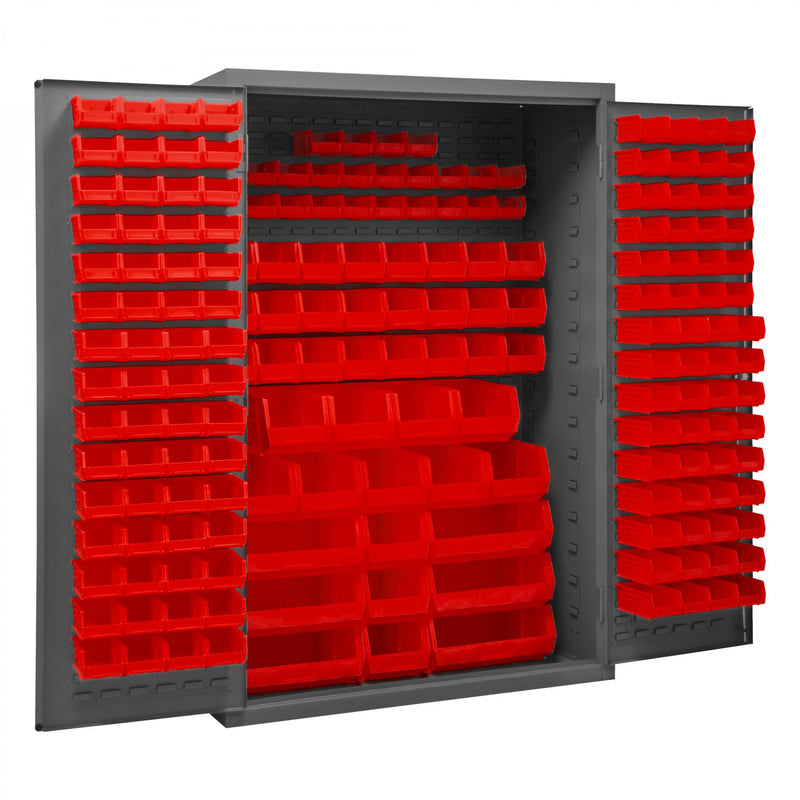 Durham Heavy Duty Cabinet, 14 Gauge, 48 x 24 x 72, 186 Red Bins, Flush Doors with Louvered Panel