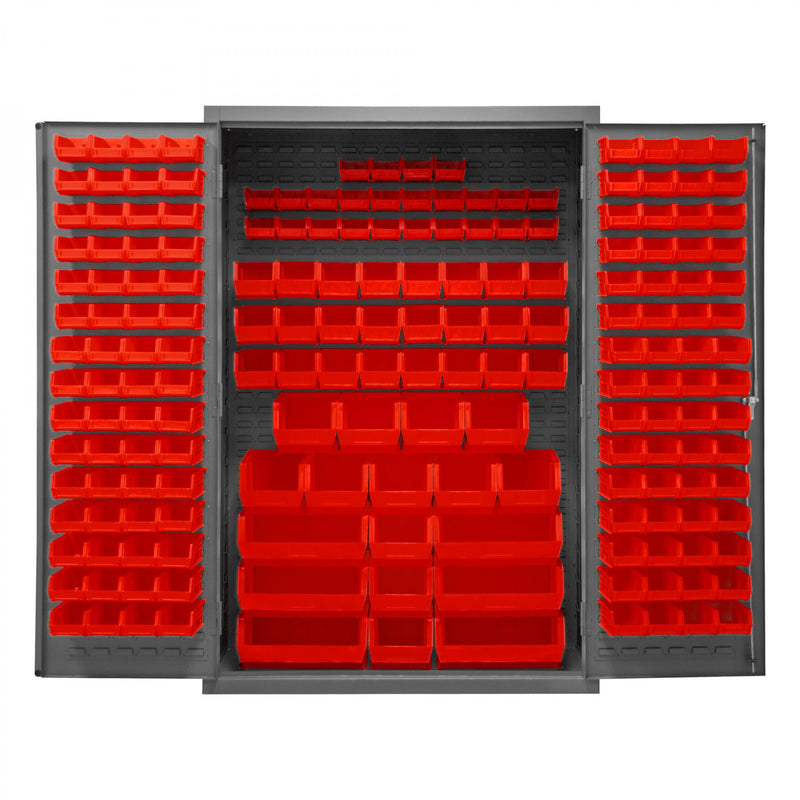 Durham Heavy Duty Cabinet, 14 Gauge, 48 x 24 x 72, 186 Red Bins, Flush Doors with Louvered Panel