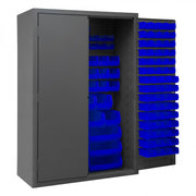 Durham Heavy Duty Cabinet, 14 Gauge, 48 x 24 x 72, 186 Blue Bins, Flush Doors with Louvered Panel