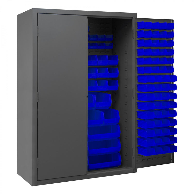 Durham Heavy Duty Cabinet, 14 Gauge, 48 x 24 x 72, 186 Blue Bins, Flush Doors with Louvered Panel
