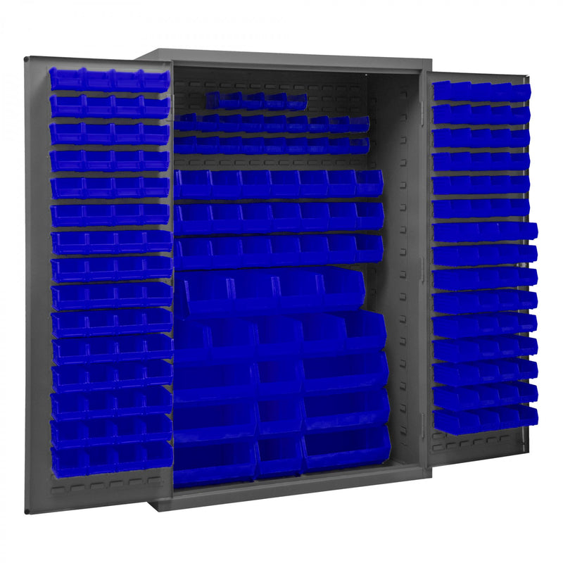 Durham Heavy Duty Cabinet, 14 Gauge, 48 x 24 x 72, 186 Blue Bins, Flush Doors with Louvered Panel