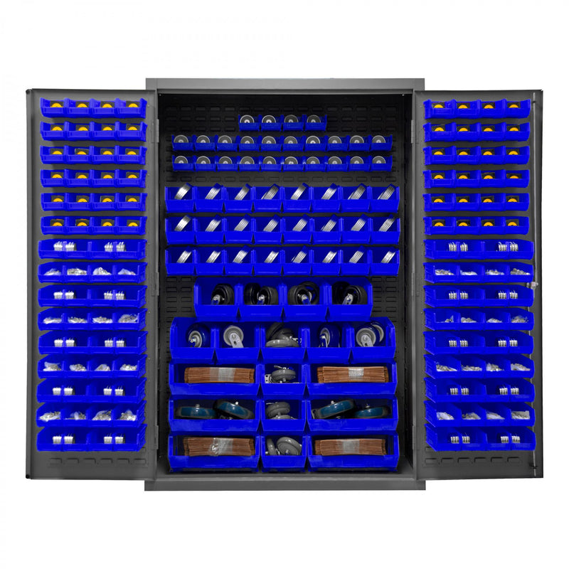 Durham Heavy Duty Cabinet, 14 Gauge, 48 x 24 x 72, 186 Blue Bins, Flush Doors with Louvered Panel