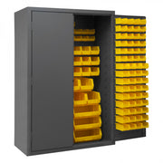 Durham Heavy Duty Cabinet, 14 Gauge, 48 x 24 x 72, 186 Yellow Bins, Flush Doors with Louvered Panel