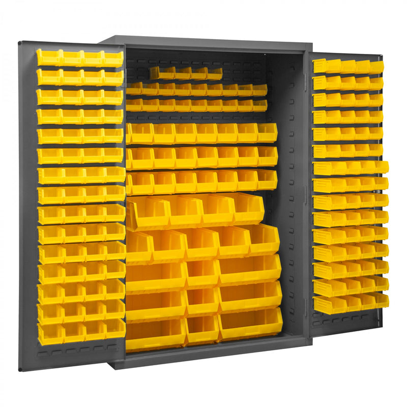 Durham Heavy Duty Cabinet, 14 Gauge, 48 x 24 x 72, 186 Yellow Bins, Flush Doors with Louvered Panel