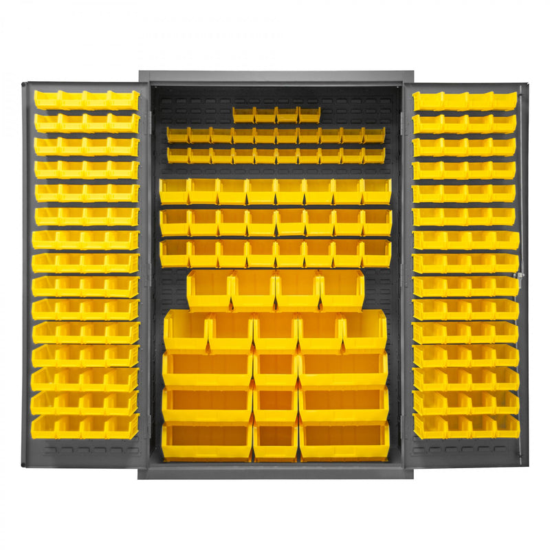 Durham Heavy Duty Cabinet, 14 Gauge, 48 x 24 x 72, 186 Yellow Bins, Flush Doors with Louvered Panel