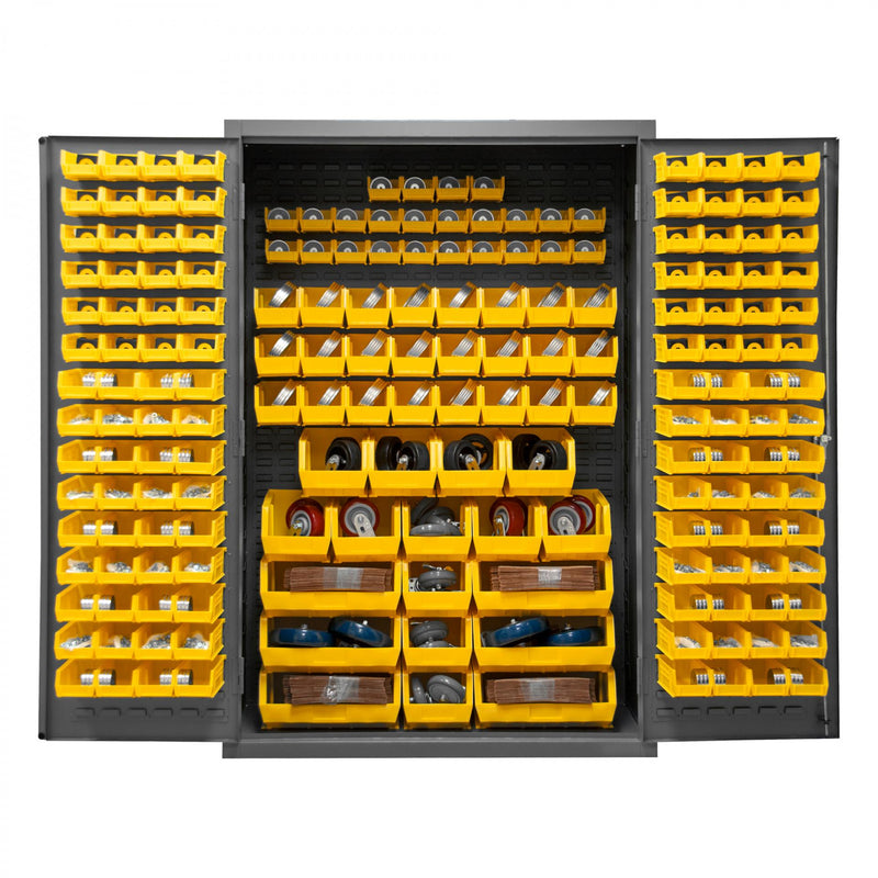 Durham Heavy Duty Cabinet, 14 Gauge, 48 x 24 x 72, 186 Yellow Bins, Flush Doors with Louvered Panel