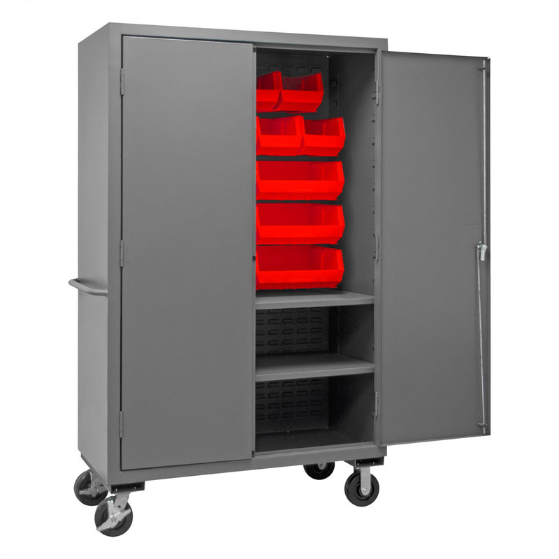 Durham Mobile Cabinet, 14 Gauge, 48 x 24 x 81, 2 Adjustable Shelves, 18 Red Bins, Flush Doors