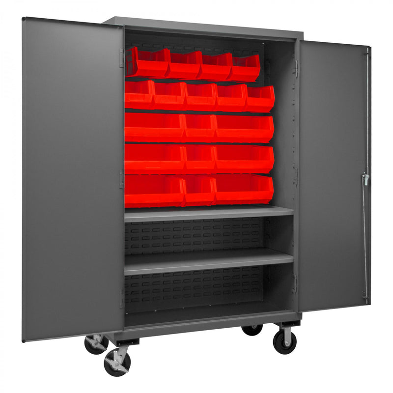 Durham Mobile Cabinet, 14 Gauge, 48 x 24 x 81, 2 Adjustable Shelves, 18 Red Bins, Flush Doors