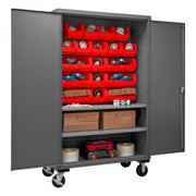 Durham Mobile Cabinet, 14 Gauge, 48 x 24 x 81, 2 Adjustable Shelves, 18 Red Bins, Flush Doors