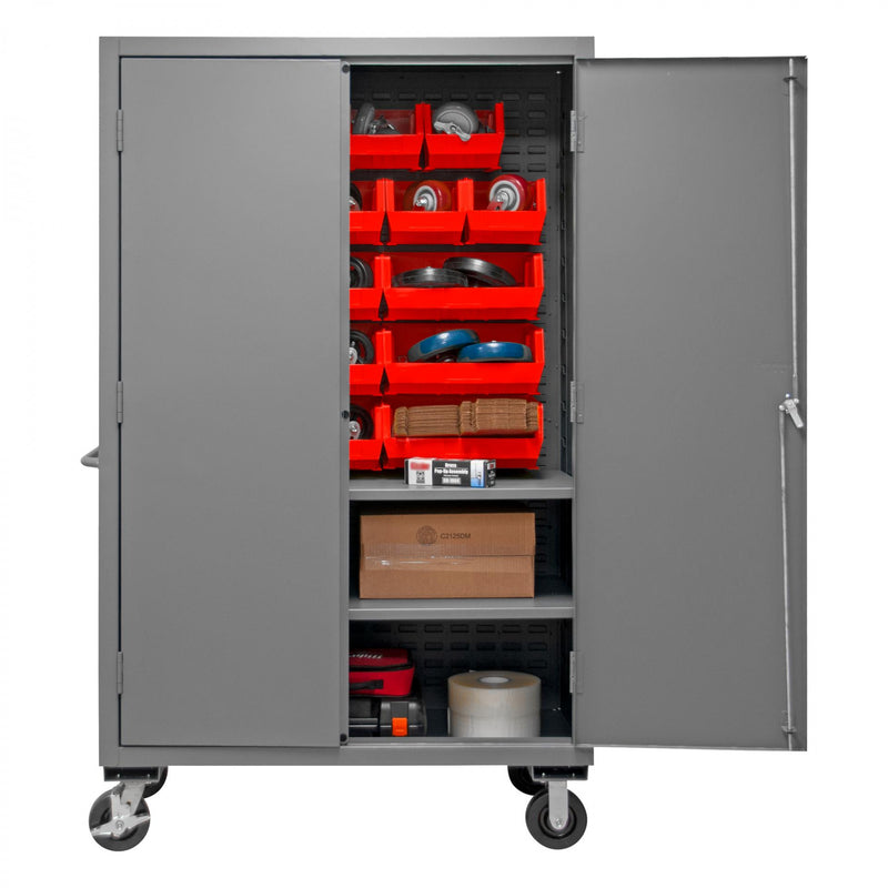 Durham Mobile Cabinet, 14 Gauge, 48 x 24 x 81, 2 Adjustable Shelves, 18 Red Bins, Flush Doors