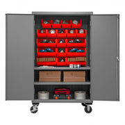 Durham Mobile Cabinet, 14 Gauge, 48 x 24 x 81, 2 Adjustable Shelves, 18 Red Bins, Flush Doors