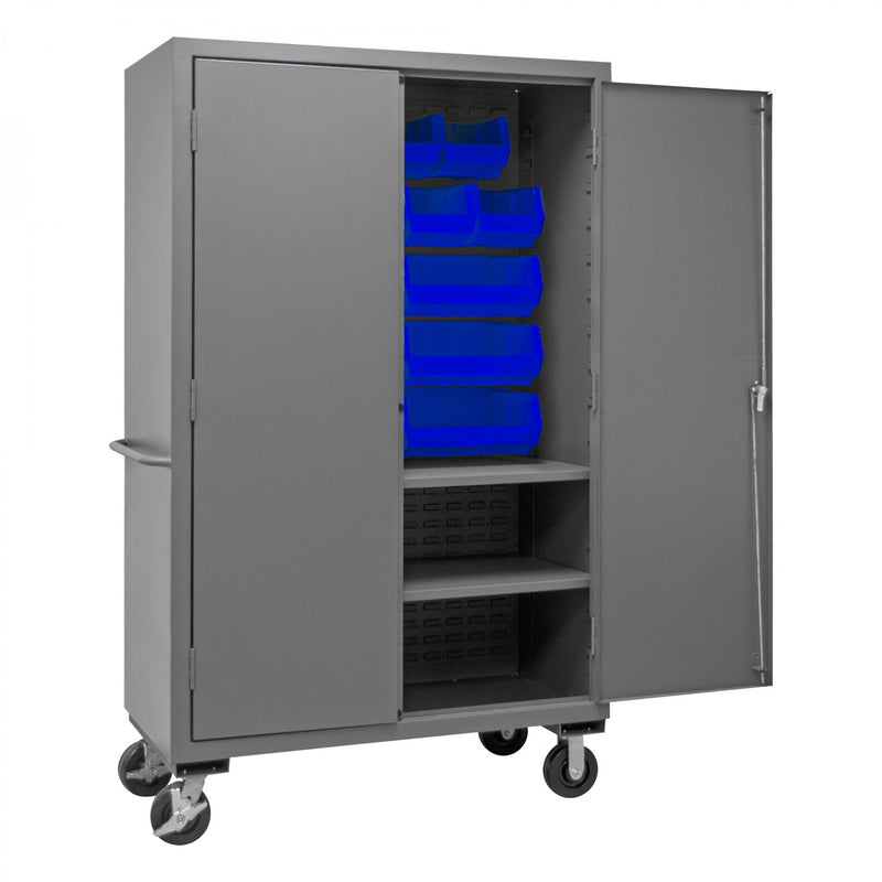 Durham Mobile Cabinet, 14 Gauge, 48 x 24 x 81, 2 Adjustable Shelves, 18 Blue Bins, Flush Doors