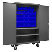 Durham Mobile Cabinet, 14 Gauge, 48 x 24 x 81, 2 Adjustable Shelves, 18 Blue Bins, Flush Doors