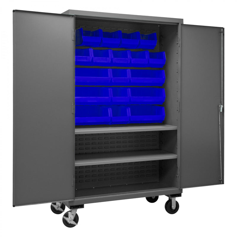 Durham Mobile Cabinet, 14 Gauge, 48 x 24 x 81, 2 Adjustable Shelves, 18 Blue Bins, Flush Doors