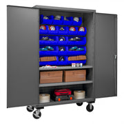 Durham Mobile Cabinet, 14 Gauge, 48 x 24 x 81, 2 Adjustable Shelves, 18 Blue Bins, Flush Doors