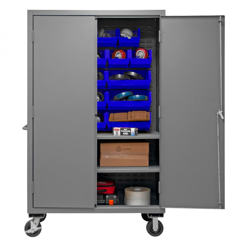 Durham Mobile Cabinet, 14 Gauge, 48 x 24 x 81, 2 Adjustable Shelves, 18 Blue Bins, Flush Doors