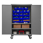 Durham Mobile Cabinet, 14 Gauge, 48 x 24 x 81, 2 Adjustable Shelves, 18 Blue Bins, Flush Doors