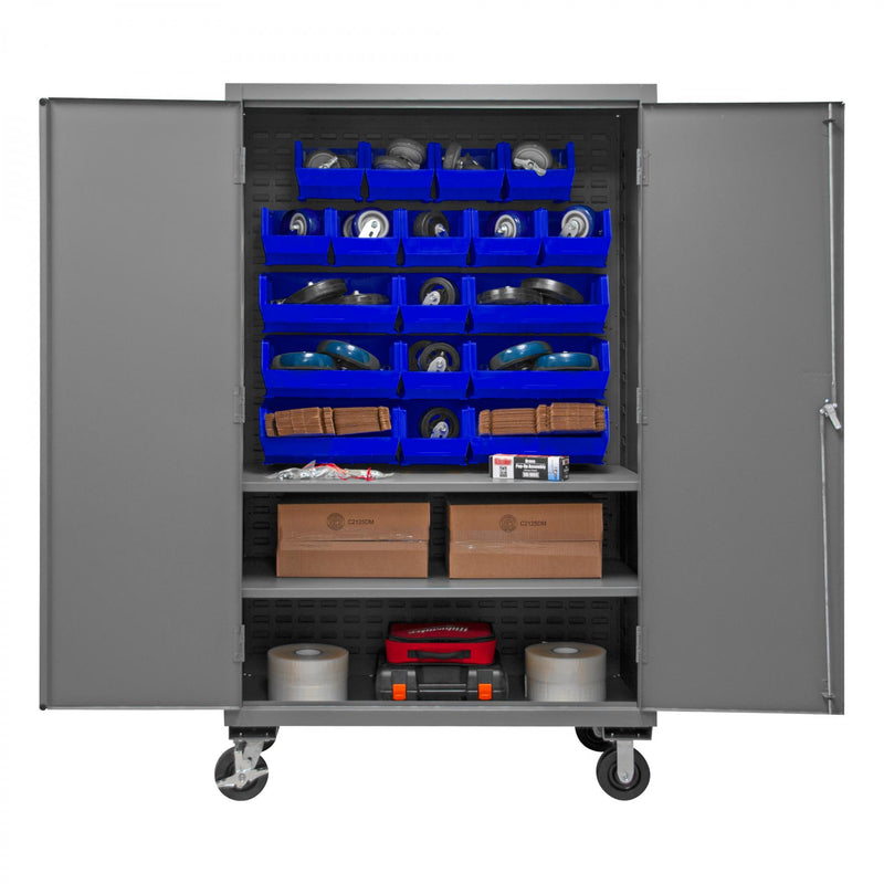 Durham Mobile Cabinet, 14 Gauge, 48 x 24 x 81, 2 Adjustable Shelves, 18 Blue Bins, Flush Doors