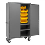 Durham Mobile Cabinet, 14 Gauge, 48 x 24 x 81, 2 Adjustable Shelves, 18 Yellow Bins, Flush Doors