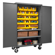 Durham Mobile Cabinet, 14 Gauge, 48 x 24 x 81, 2 Adjustable Shelves, 18 Yellow Bins, Flush Doors