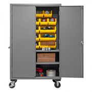 Durham Mobile Cabinet, 14 Gauge, 48 x 24 x 81, 2 Adjustable Shelves, 18 Yellow Bins, Flush Doors