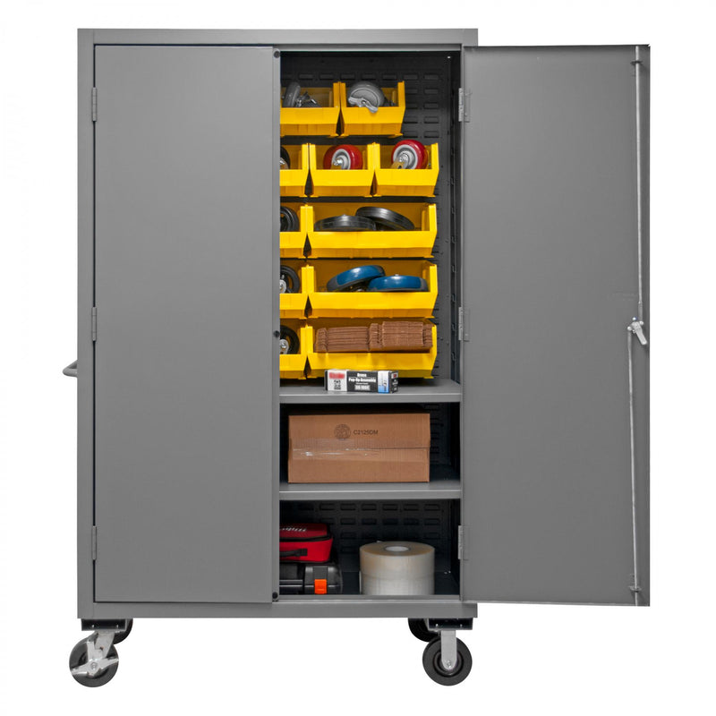 Durham Mobile Cabinet, 14 Gauge, 48 x 24 x 81, 2 Adjustable Shelves, 18 Yellow Bins, Flush Doors