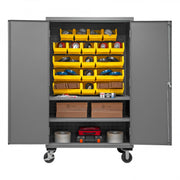 Durham Mobile Cabinet, 14 Gauge, 48 x 24 x 81, 2 Adjustable Shelves, 18 Yellow Bins, Flush Doors