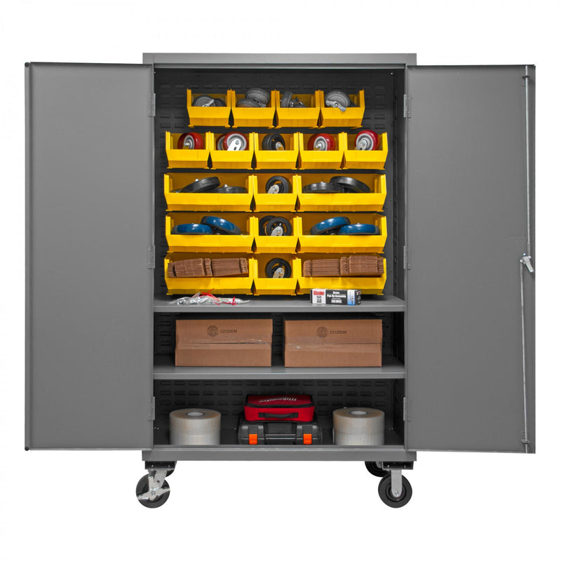 Durham Mobile Cabinet, 14 Gauge, 48 x 24 x 81, 2 Adjustable Shelves, 18 Yellow Bins, Flush Doors