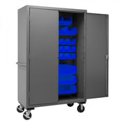 Durham Mobile Cabinet, 14 Gauge, 48 x 24 x 81, 42 Blue Bins, Flush Doors