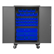 Durham Mobile Cabinet, 14 Gauge, 48 x 24 x 81, 42 Blue Bins, Flush Doors