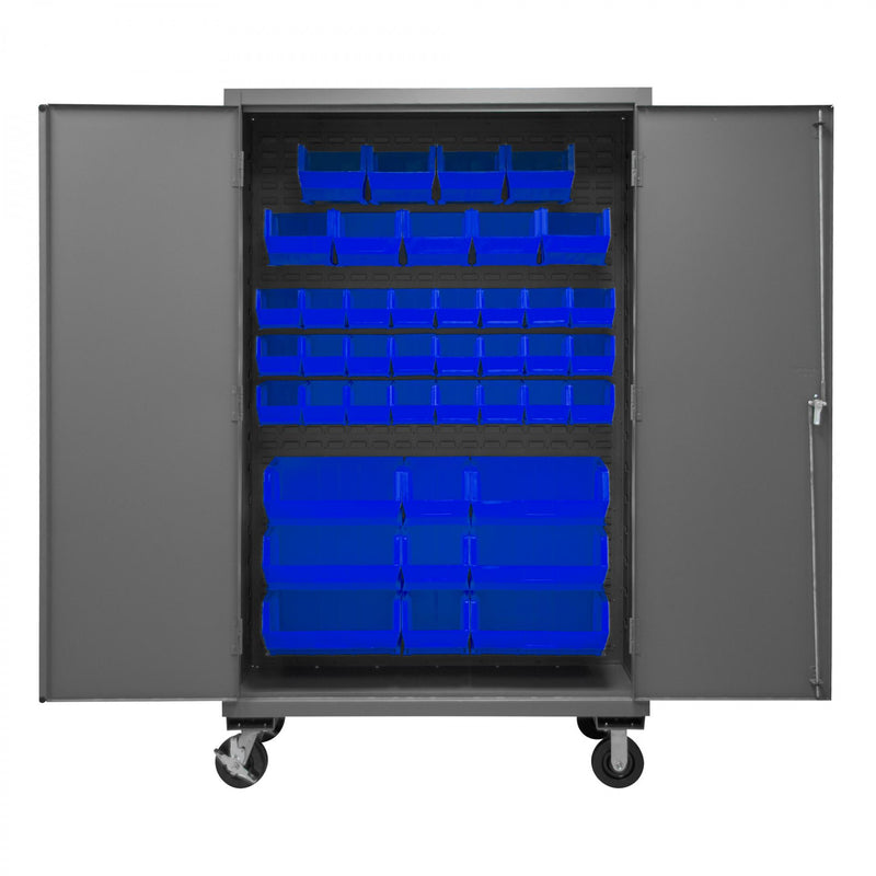 Durham Mobile Cabinet, 14 Gauge, 48 x 24 x 81, 42 Blue Bins, Flush Doors
